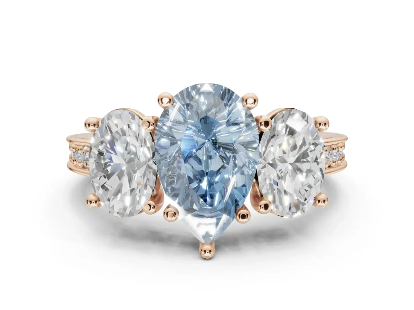Pear-Shaped Vintage Three Stone Engagement Ring Setting for a Fancy Blue Lab-Grown Diamond | Graduated Pavé | Rose Gold