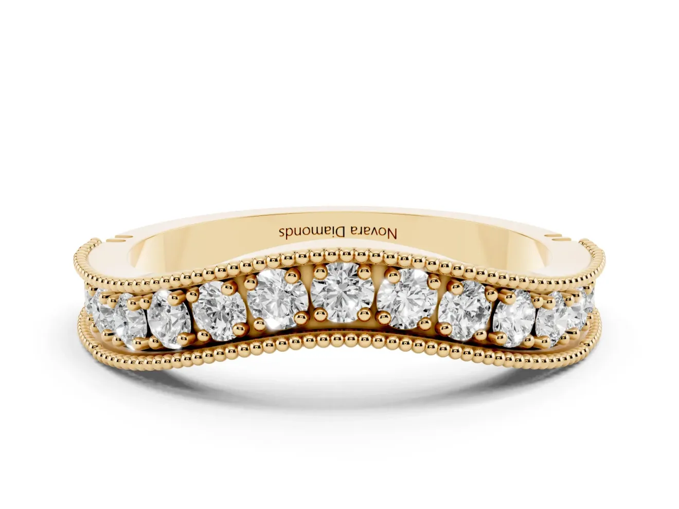 Round Diamond Contour Wedding Band Set in Yellow gold with Milgrain Pavé Setting