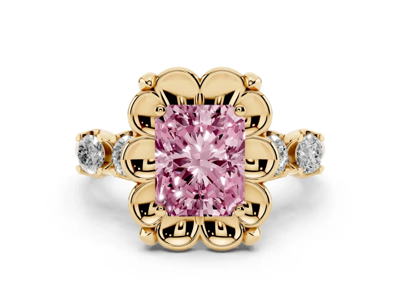 Radiant Cut Floral Engagement Ring Setting for a Fancy Pink Lab-Grown Diamond | Petal Frame | Yellow Gold