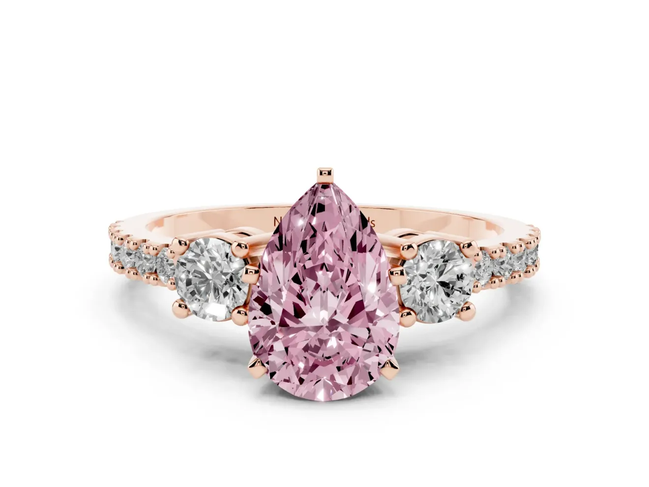 Fancy Pink Three-Stone Pear Cut Diamond Pavé Band Ring Set in Rose gold with Prong Setting