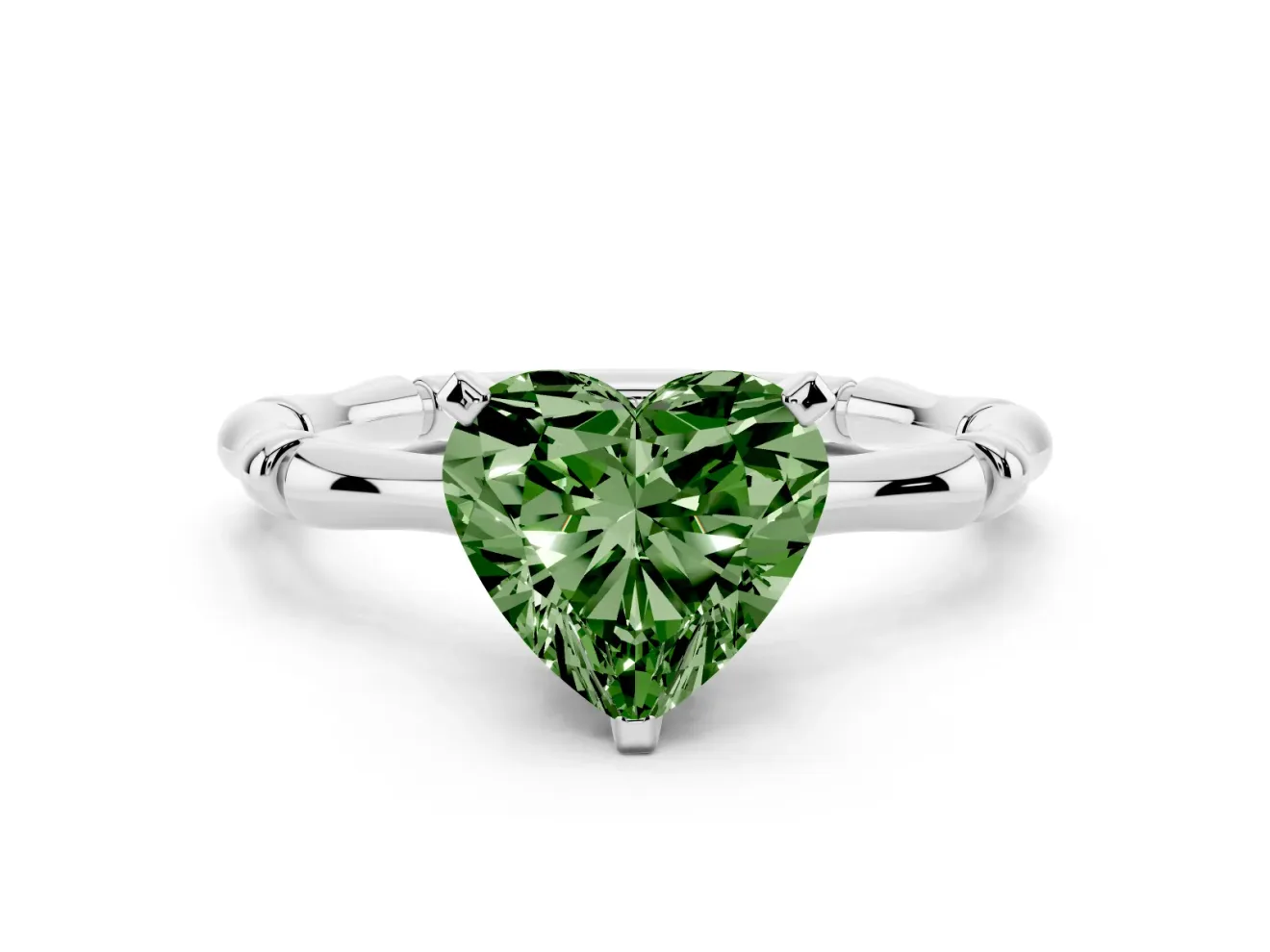 Fancy Green Heart Cut Diamond Solitaire Ring Set in White gold with Bamboo Band and Prong Setting