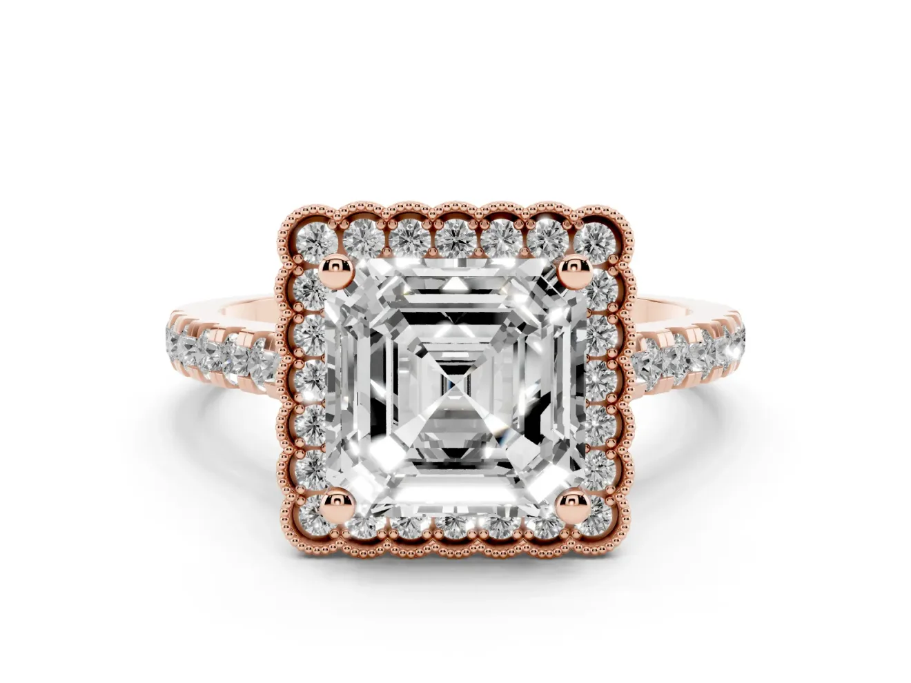 Asscher Cut Diamond Milgrain Floral Halo Engagement Ring Set in Rose gold with Pavé Band