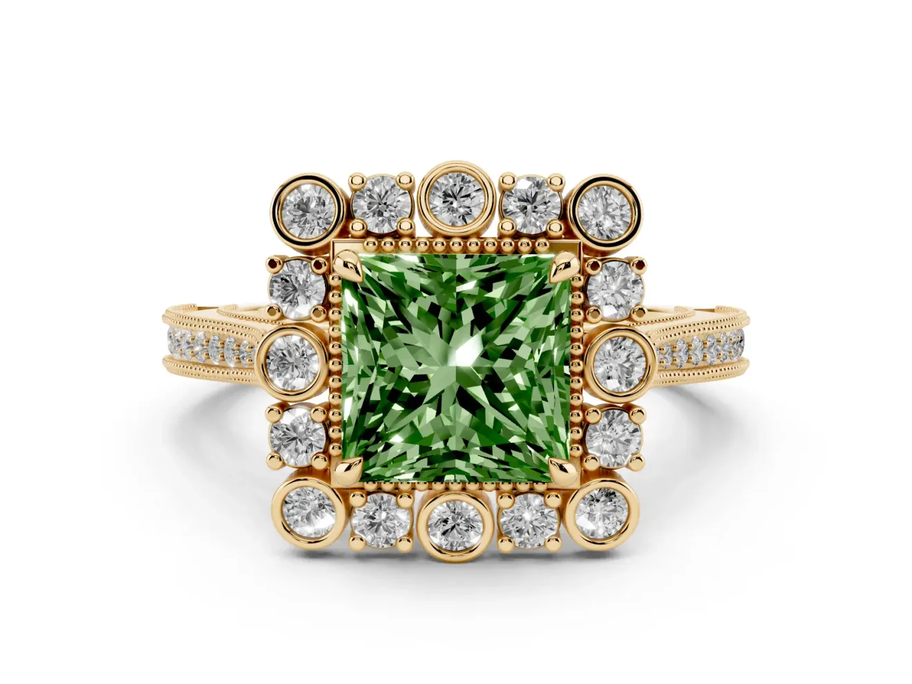 Fancy Green Princess Cut Diamond Halo Milgrain Pavé Ring Set in Yellow gold with Prong Setting
