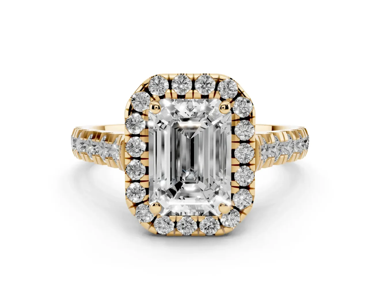 Emerald Cut Halo Engagement Ring Setting | Shared Prong Shoulders | Yellow Gold