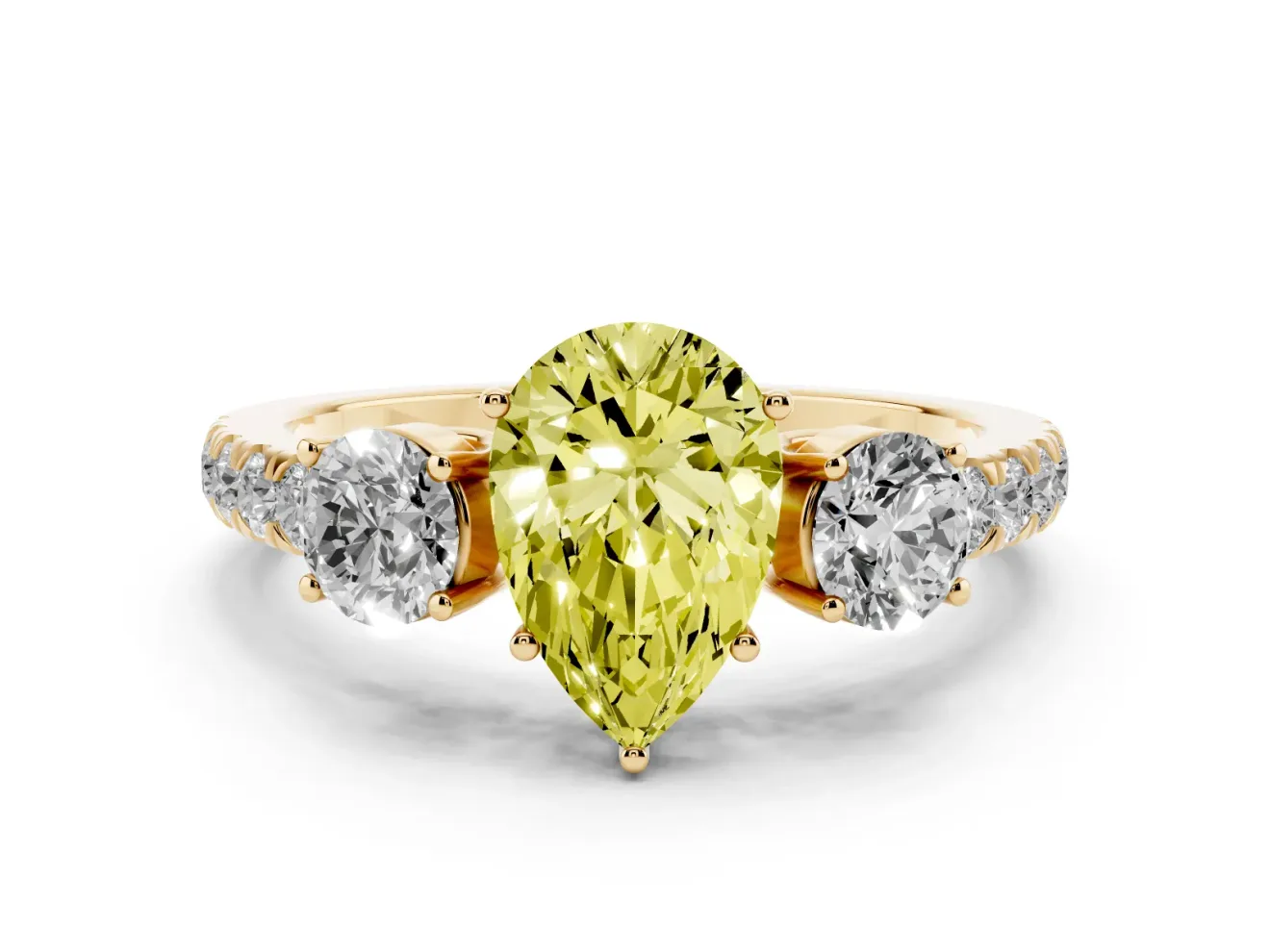 Pear-Shaped Engagement Ring Setting for a Fancy Yellow Lab-Grown Diamond | Three Stone | Yellow Gold