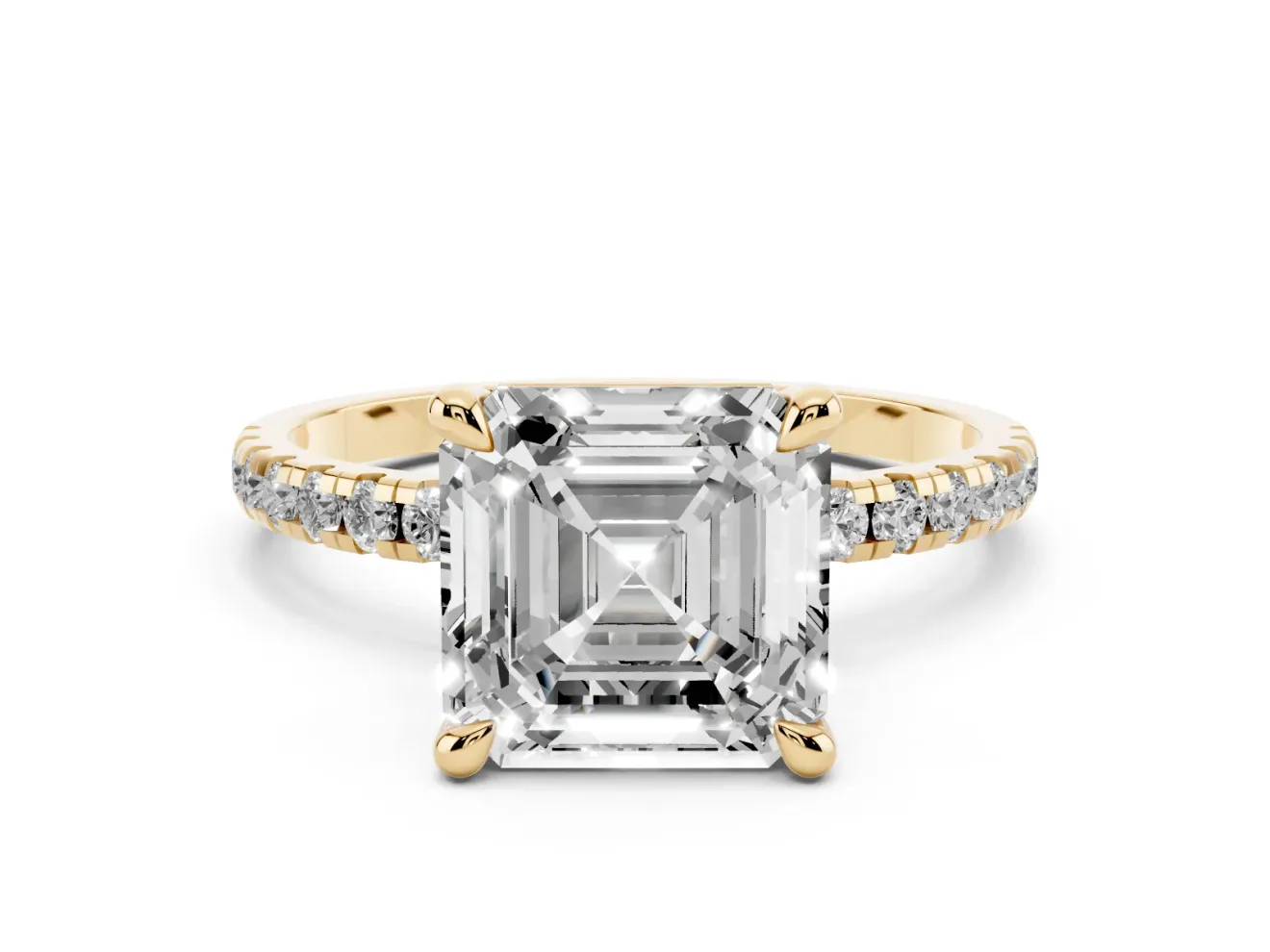 Asscher Cut Diamond Brilliant Solitaire Ring Set in Yellow gold with Pavé Band and Prong Setting