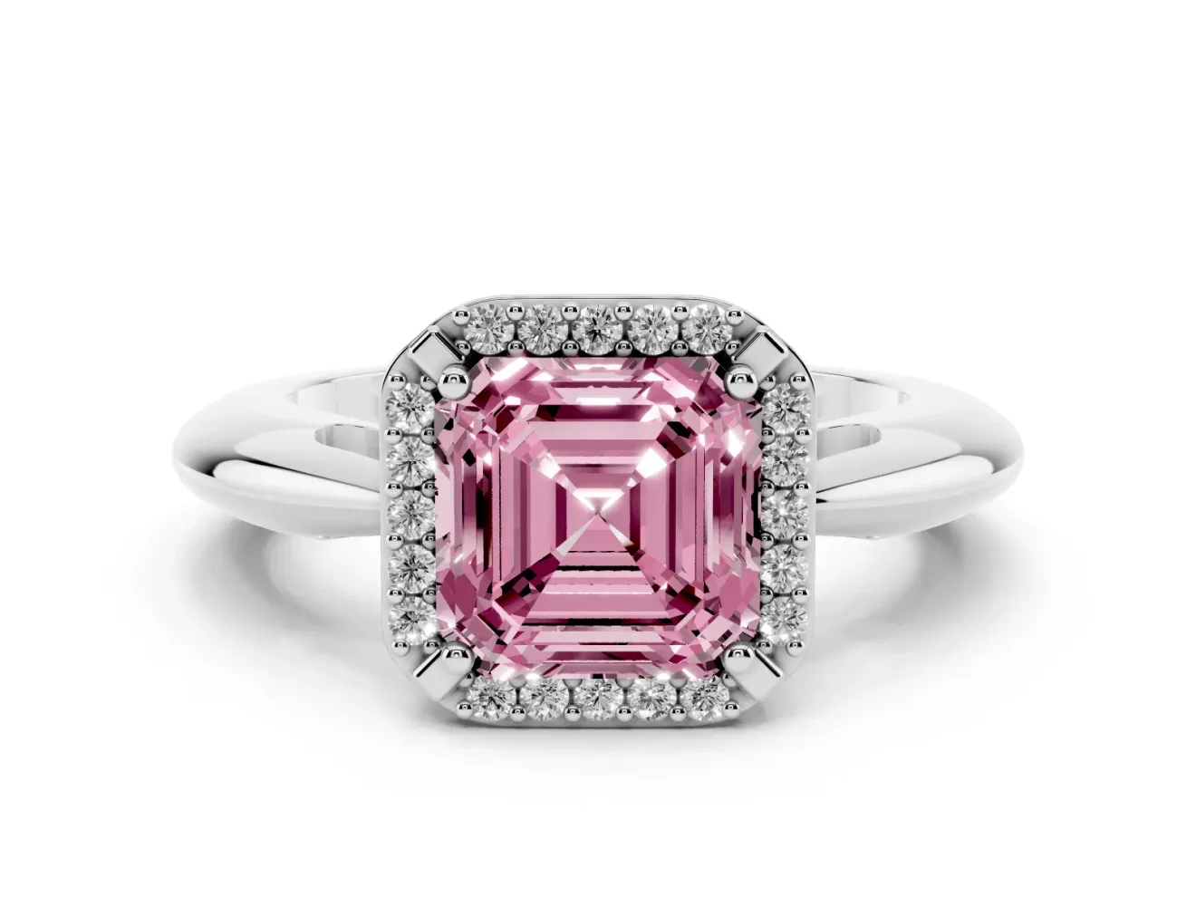 Fancy Pink Asscher Cut Diamond Halo Engagement Ring Set in White gold with Plain Split Shank and Prong Setting