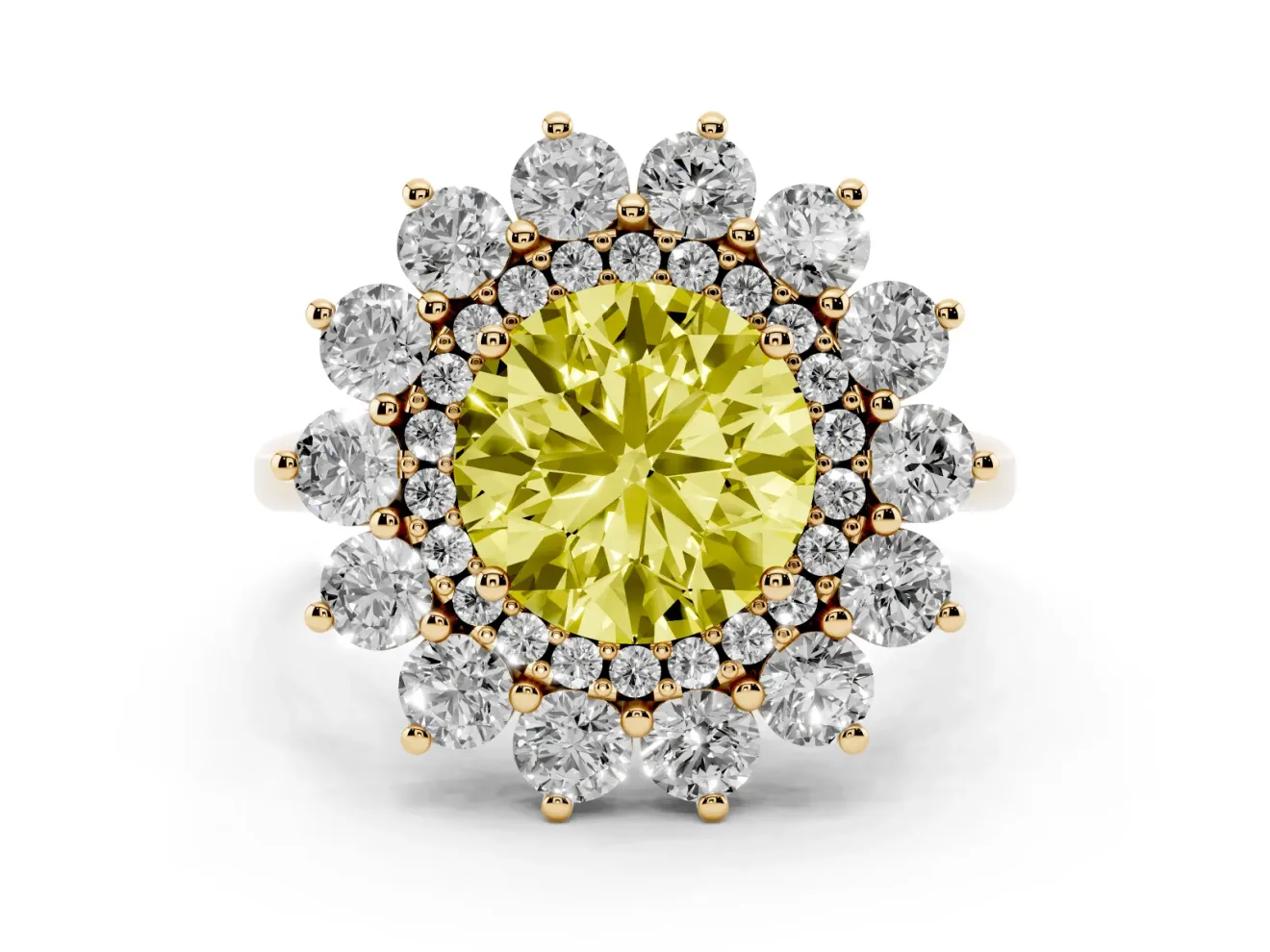 Round Floral Double Halo Engagement Ring Setting for a Fancy Yellow Lab-Grown Diamond | Plain Band | Yellow Gold