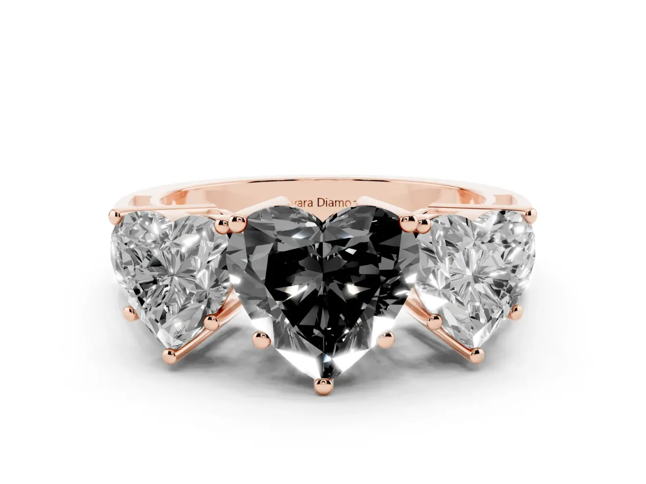 Heart-Shaped Three Stone Engagement Ring Setting for a Black Center | Beaded Shoulders | Rose Gold