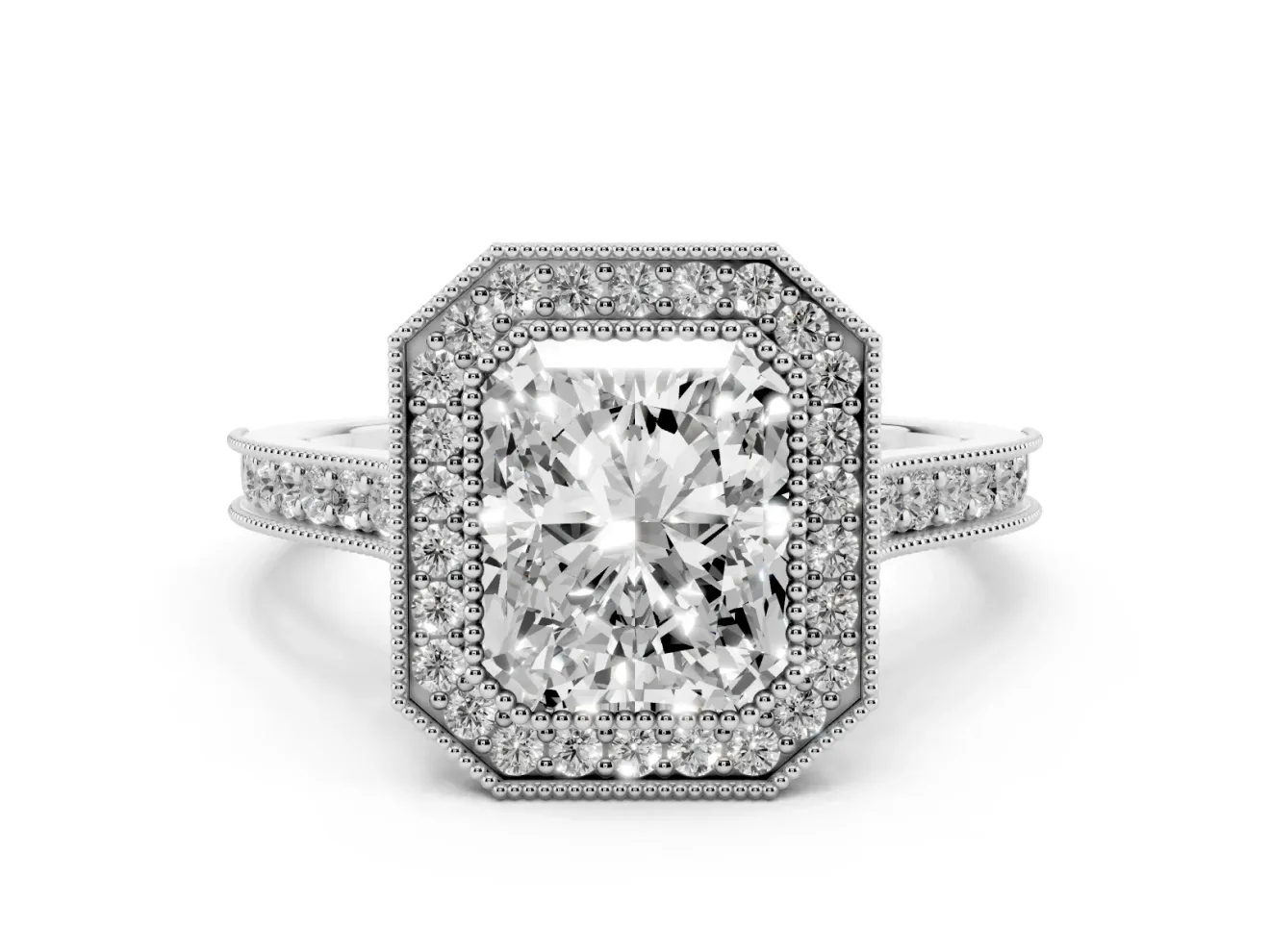 Radiant Cut Vintage Milgrain Halo Engagement Ring Setting | Bezel Head | Platinum