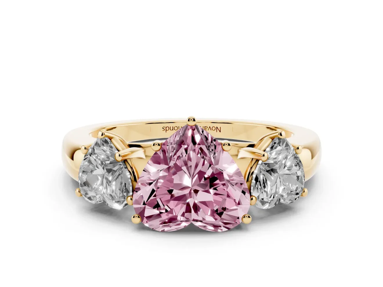 Heart-Shaped Three Stone Engagement Ring Setting for a Fancy Pink Lab-Grown Diamond | Matching Side Stones | Yellow Gold