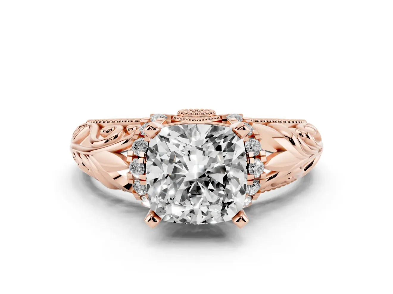 Cushion Cut Vintage Filigree Solitaire Engagement Ring Setting | Accented Basket | Rose Gold