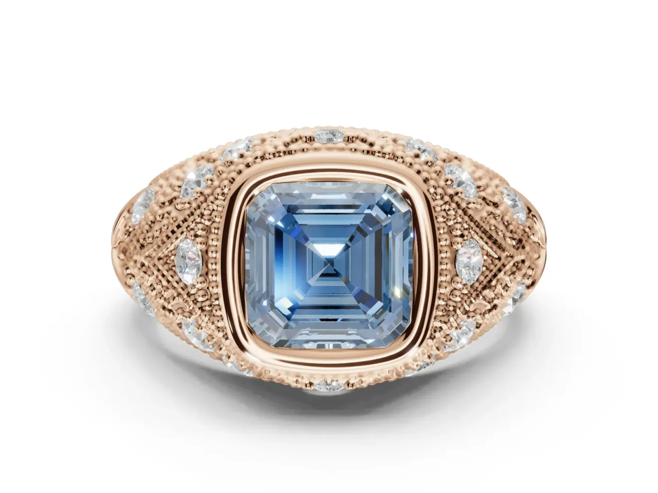 Asscher Cut Vintage Bezel Engagement Ring Setting for a Fancy Blue Lab-Grown Diamond | Rose Gold
