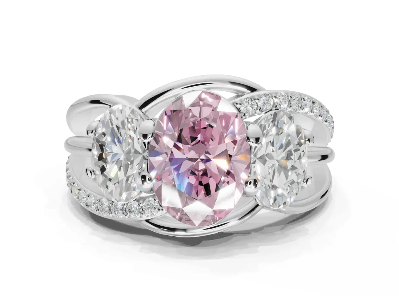 Oval Three Stone Engagement Ring Setting for a Fancy Pink Lab-Grown Diamond | Pavé Split Shank | Sterling Silver