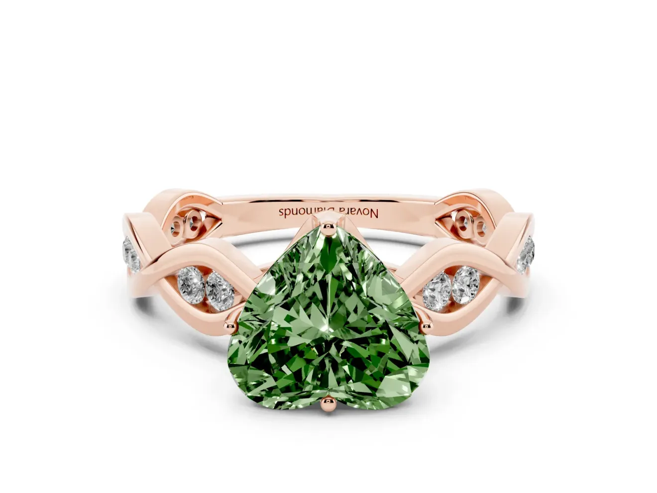 Fancy Green Heart Cut Diamond Twist Band Solitaire Ring Set in Rose gold with Leaf Prong Setting and Accent Stones