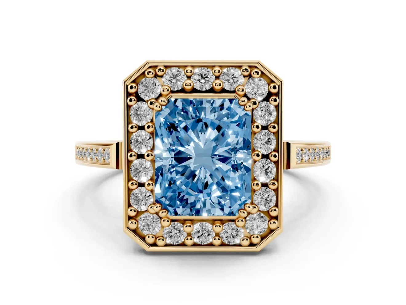 Radiant Cut Halo Engagement Ring Setting for a Fancy Blue Lab-Grown Diamond | Polished Halo Rim | Yellow Gold