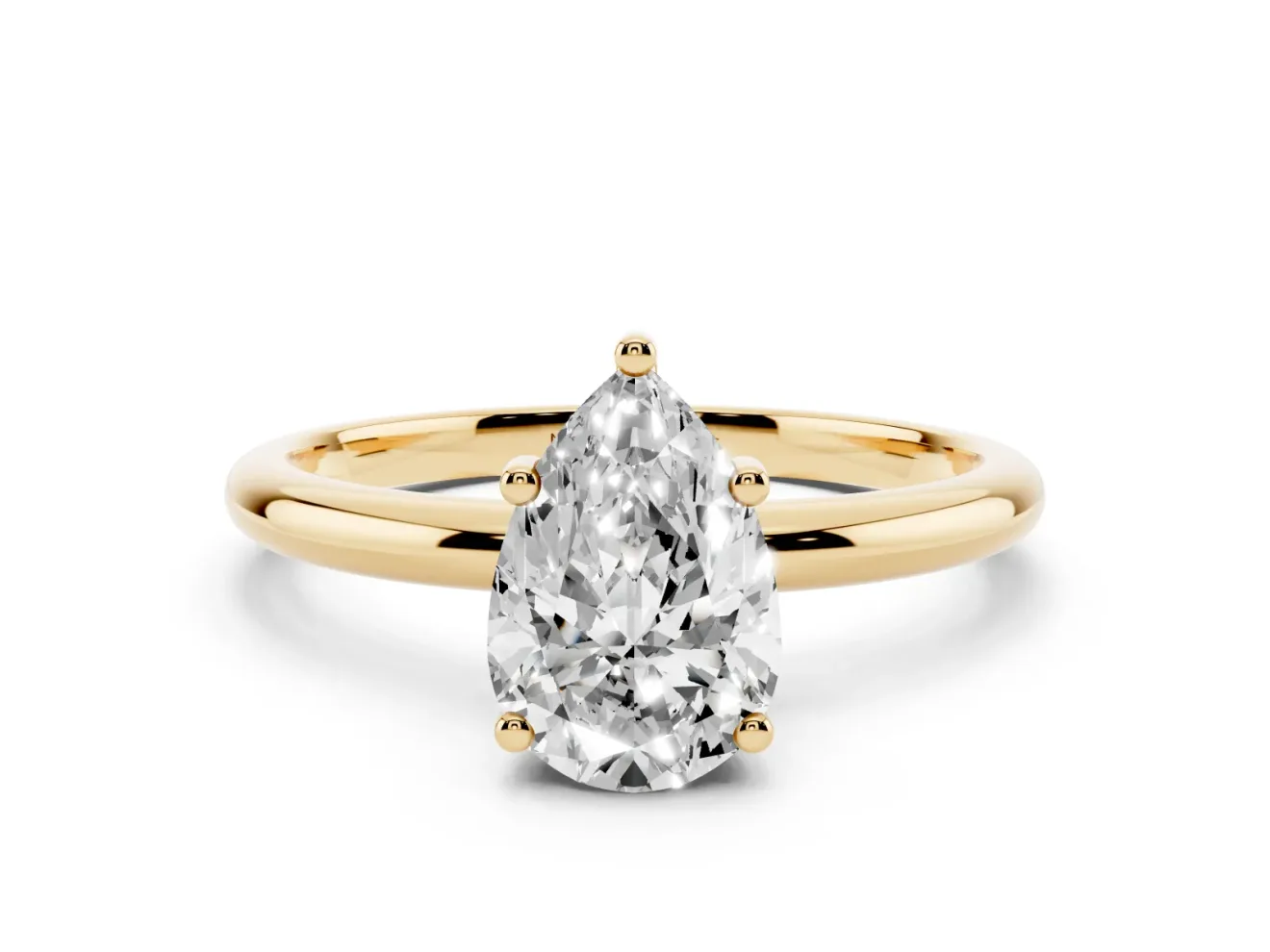 Pear Cut Diamond Solitaire Engagement Ring Set in Yellow gold with Prong Setting and Polished Band