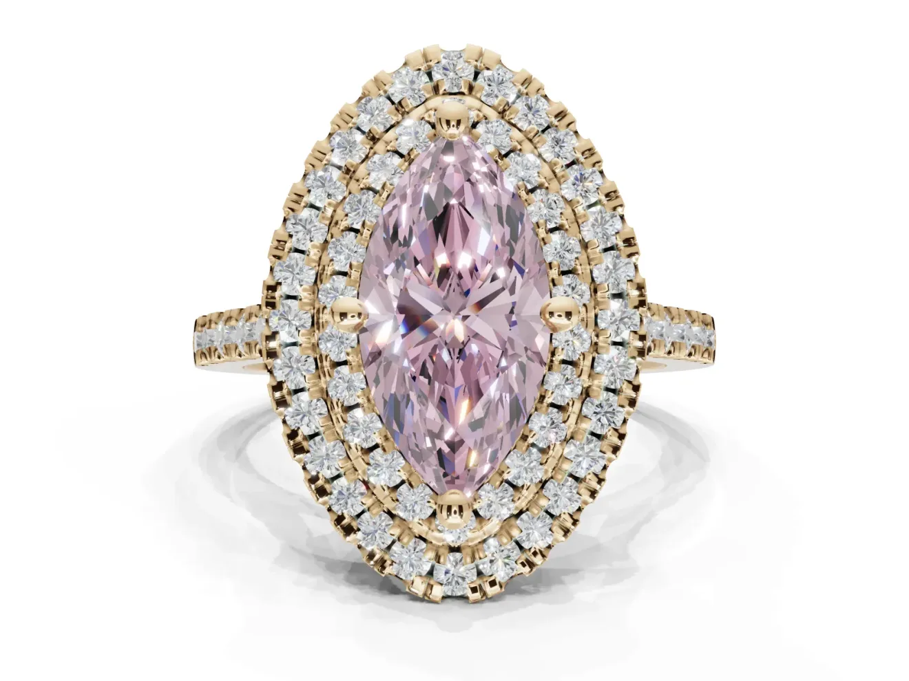 Marquise Double Halo Engagement Ring Setting for a Fancy Pink Lab-Grown Diamond | Pave Shoulders | Yellow Gold