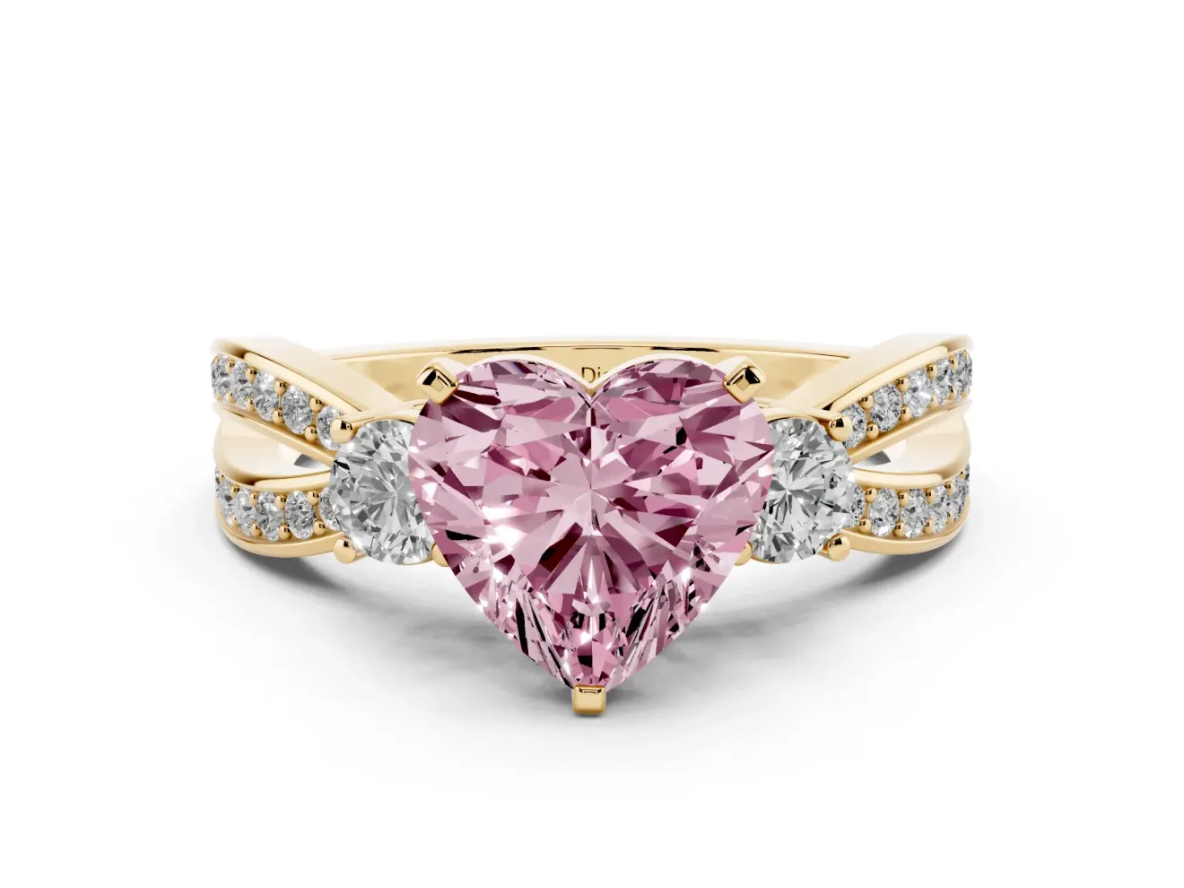 Heart-Shaped Three-Stone Twist Engagement Ring Setting for a Fancy Pink Lab-Grown Diamond | Yellow Gold