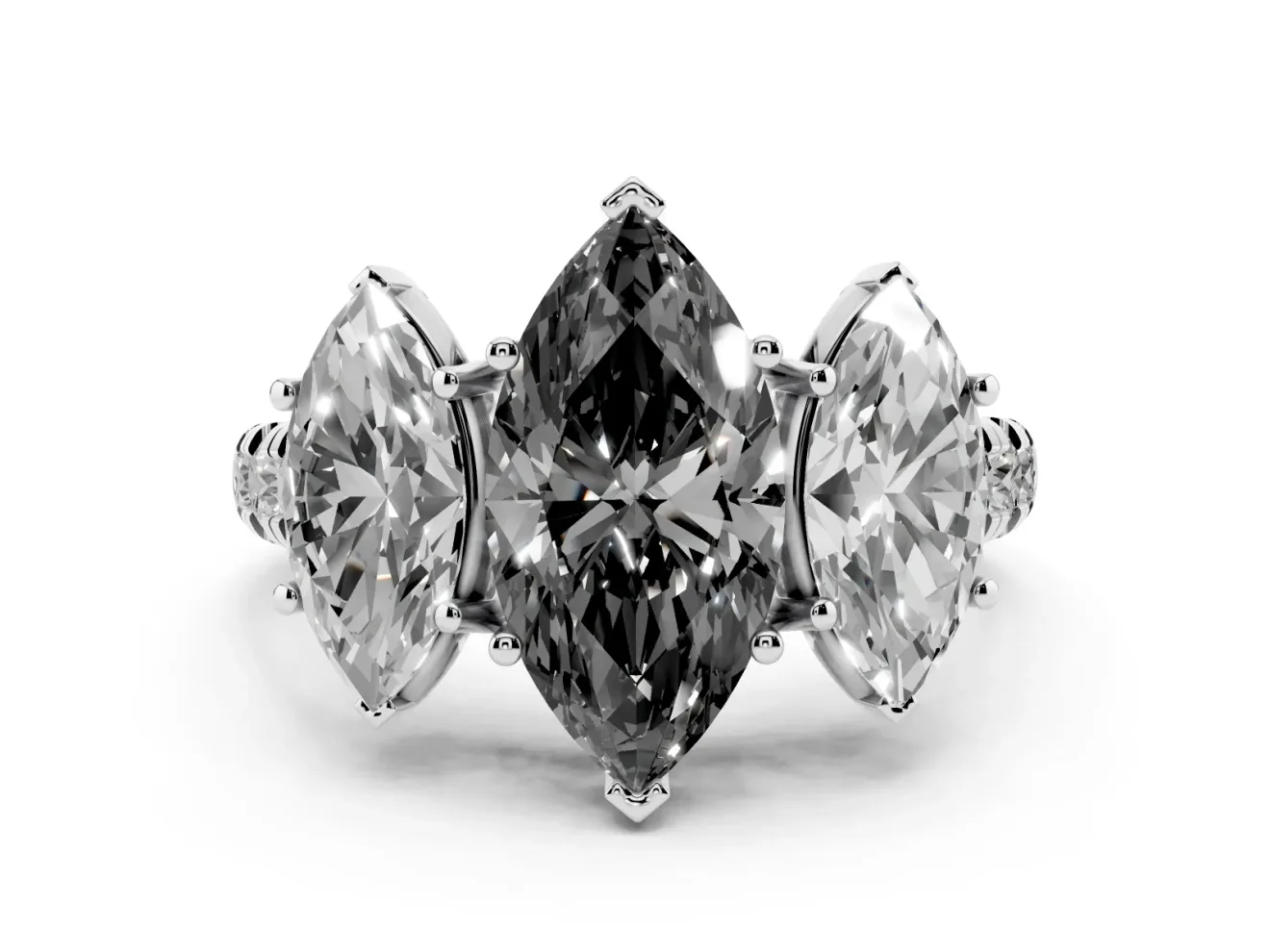 Fancy Black Marquise Cut Diamond Three-Stone Ring Set in Silver with Pavé Band