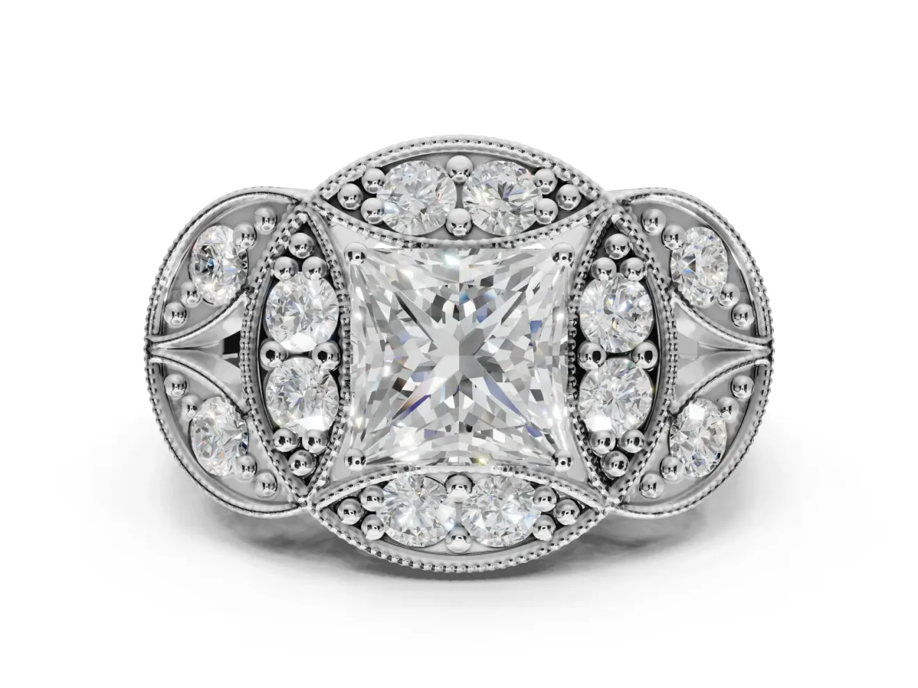 Princess Cut Vintage Floral Halo Engagement Ring Setting | Engraved Milgrain Band | Platinum