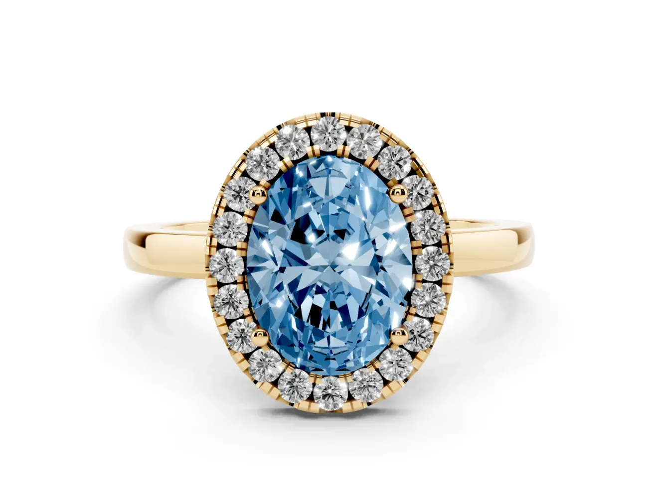 Fancy Blue Oval Cut Diamond Halo Solitaire Ring Set in Yellow gold with Pavé Band and Prong Setting