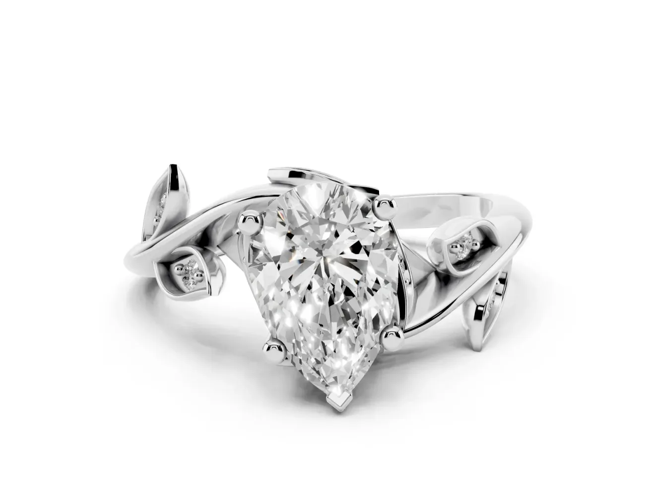 Pear Cut Diamond Solitaire Twist Engagement Ring Set in Platinum with Pavé Leaf Accents