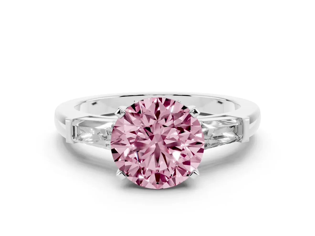 Fancy Pink Round Cut Diamond Solitaire Ring Set in White gold with Tapered Baguette Side Stones and Prong Setting
