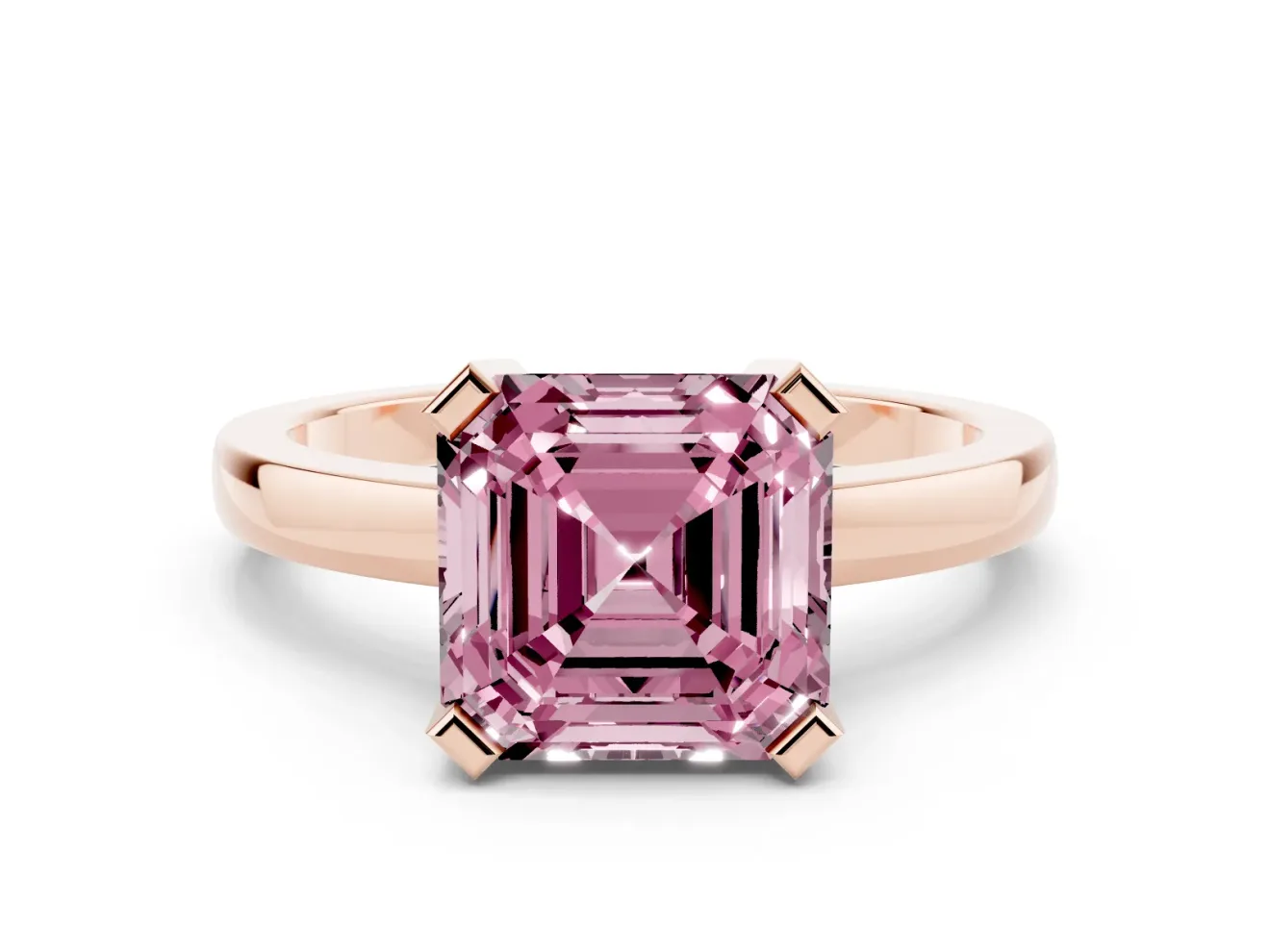 Fancy Pink Asscher Cut Diamond Solitaire Ring Set in Rose gold with Prong Head and Smooth Polished Band