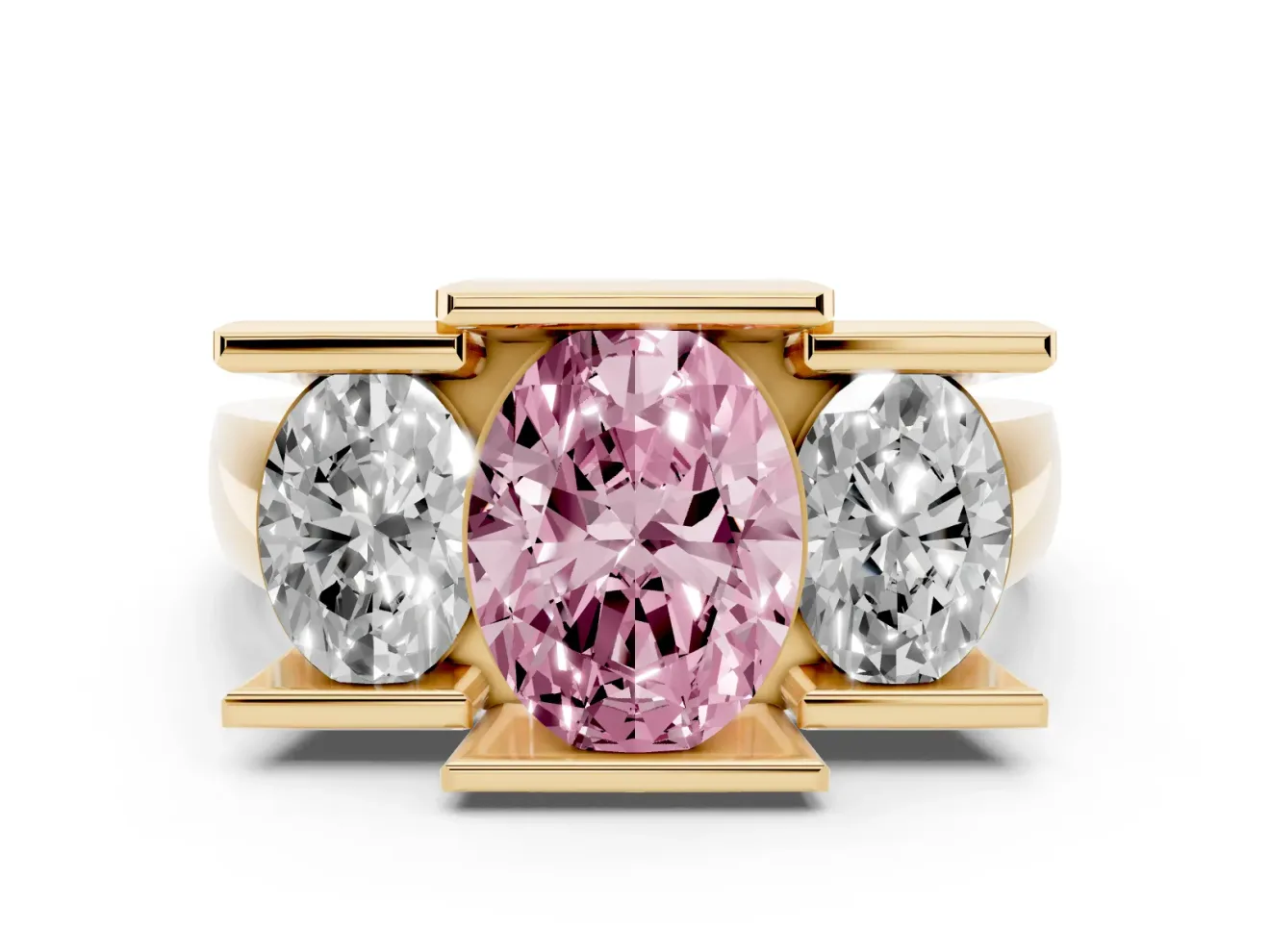 Fancy Pink Oval Cut Diamond Three-Stone Channel Set Ring Set in Yellow gold with Smooth Polished Band