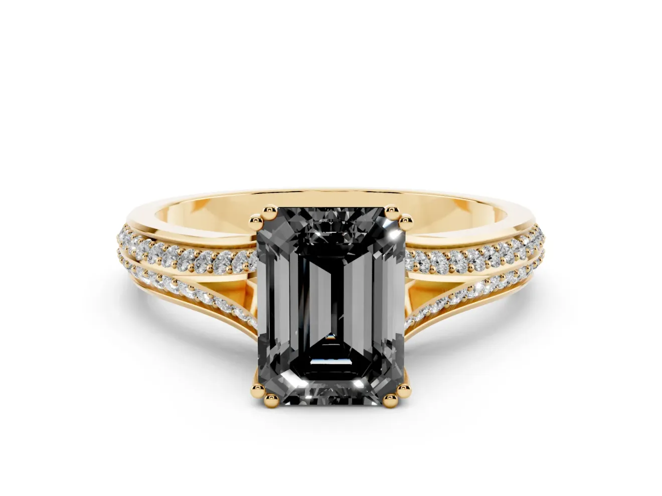 Emerald Cut Split Shank Engagement Ring Setting for a Black Center | Pavé Band | Yellow Gold
