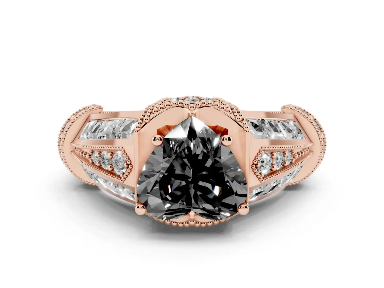 Fancy Black Heart Cut Diamond Vintage-Inspired Milgrain Ring Set in Rose gold with Accent Split Shank