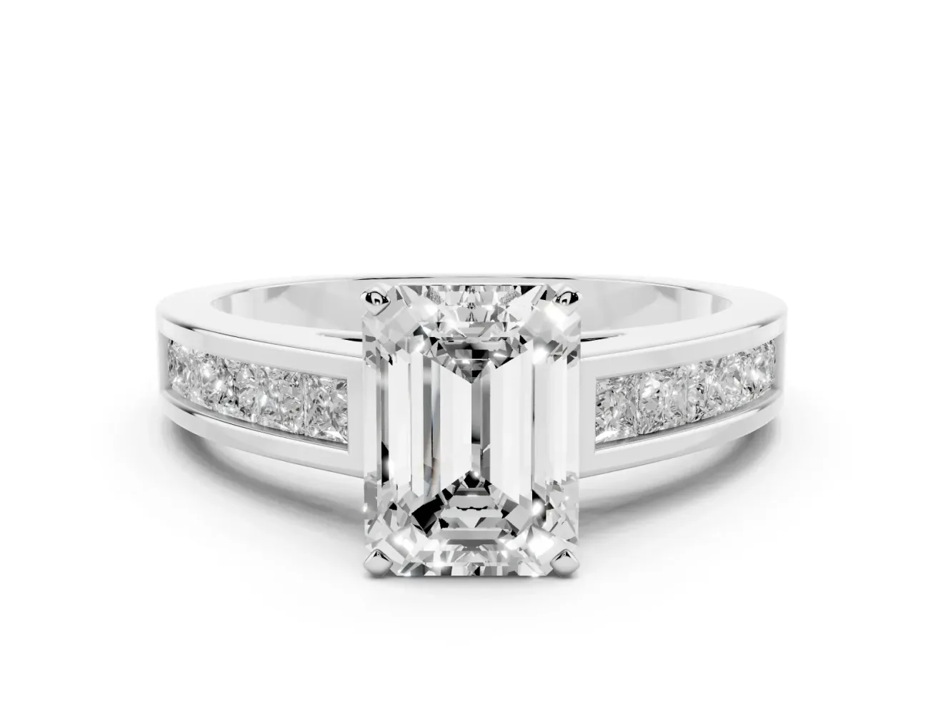 Emerald Cut Diamond Solitaire Ring Set in White gold with Channel-Set Band and Prong Setting