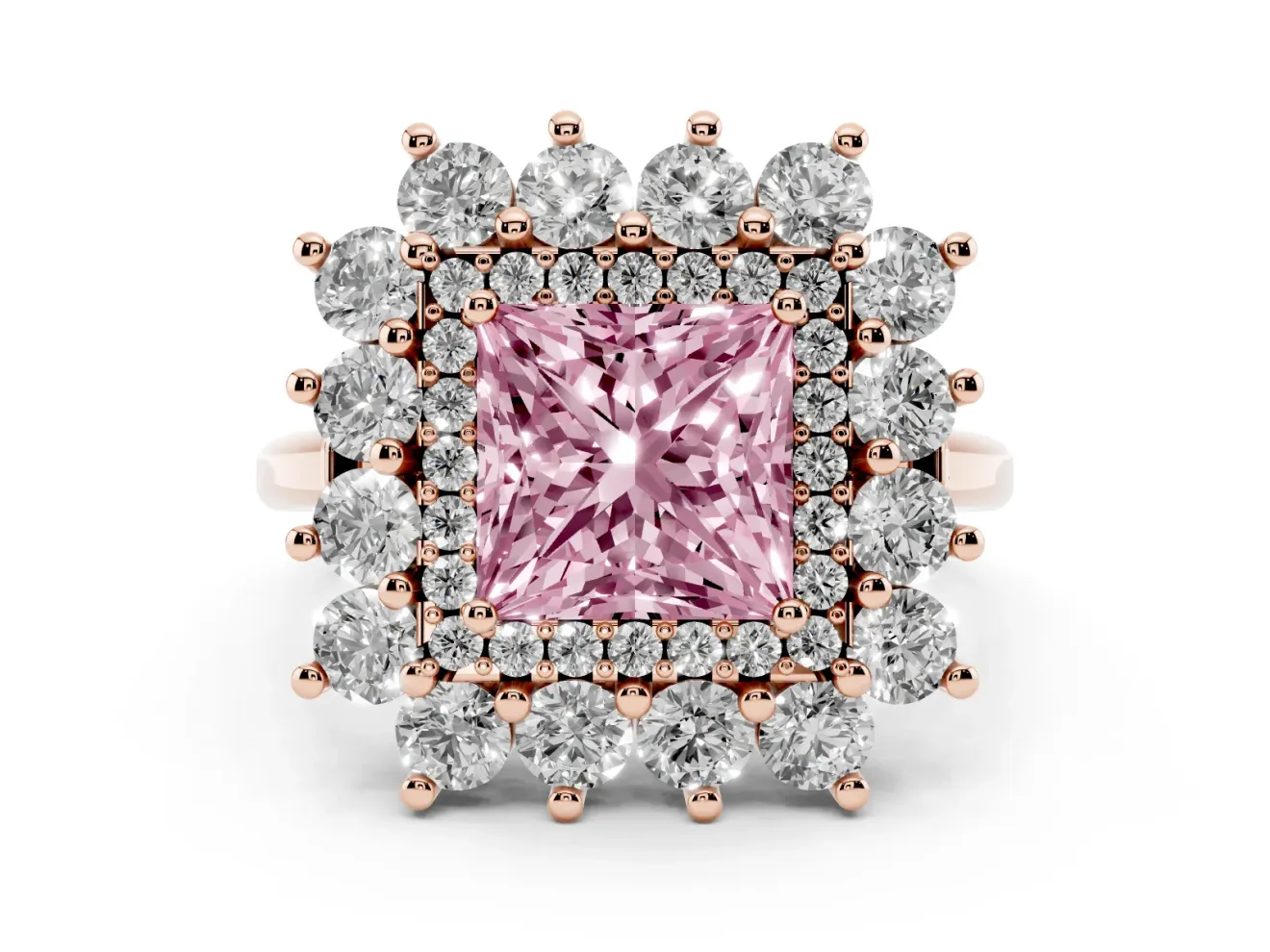 Princess Cut Floral Double Halo Engagement Ring Setting for a Fancy Pink Lab-Grown Diamond | Plain Band | Rose Gold