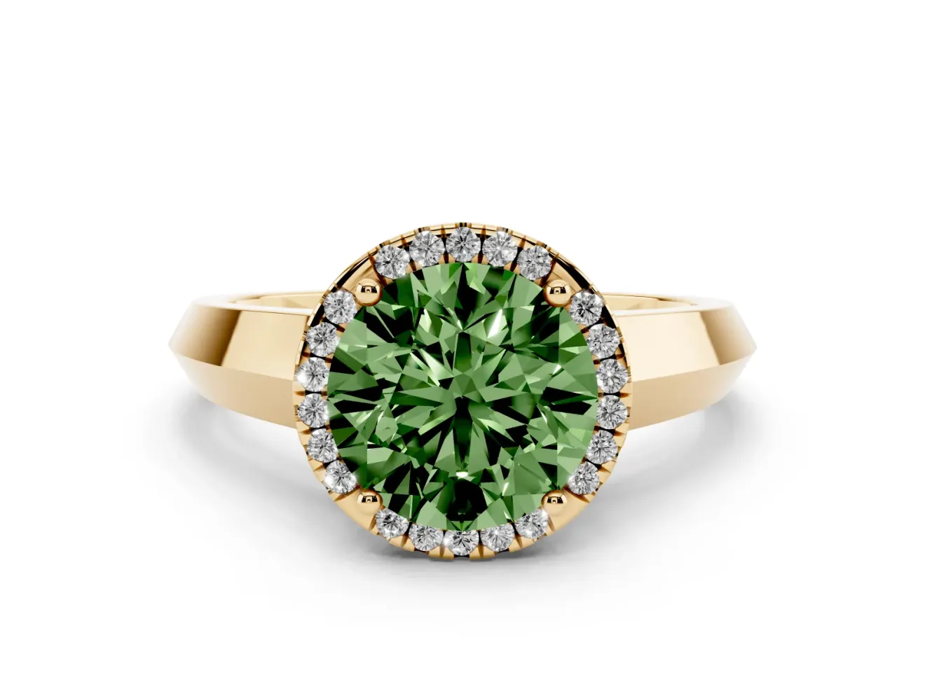Fancy Green Round Cut Diamond Halo Ring Set in Yellow gold with Cathedral Band and Prong Setting