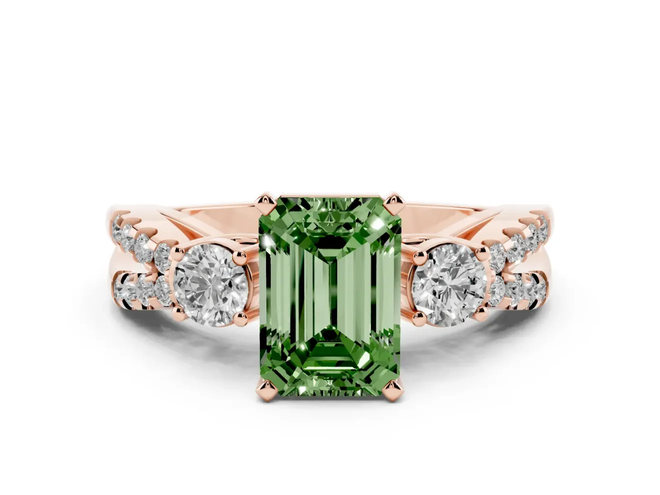 Fancy Green Emerald Cut Diamond Three-Stone Ring Set in Rose gold with Pavé Split Shank and Prong Setting