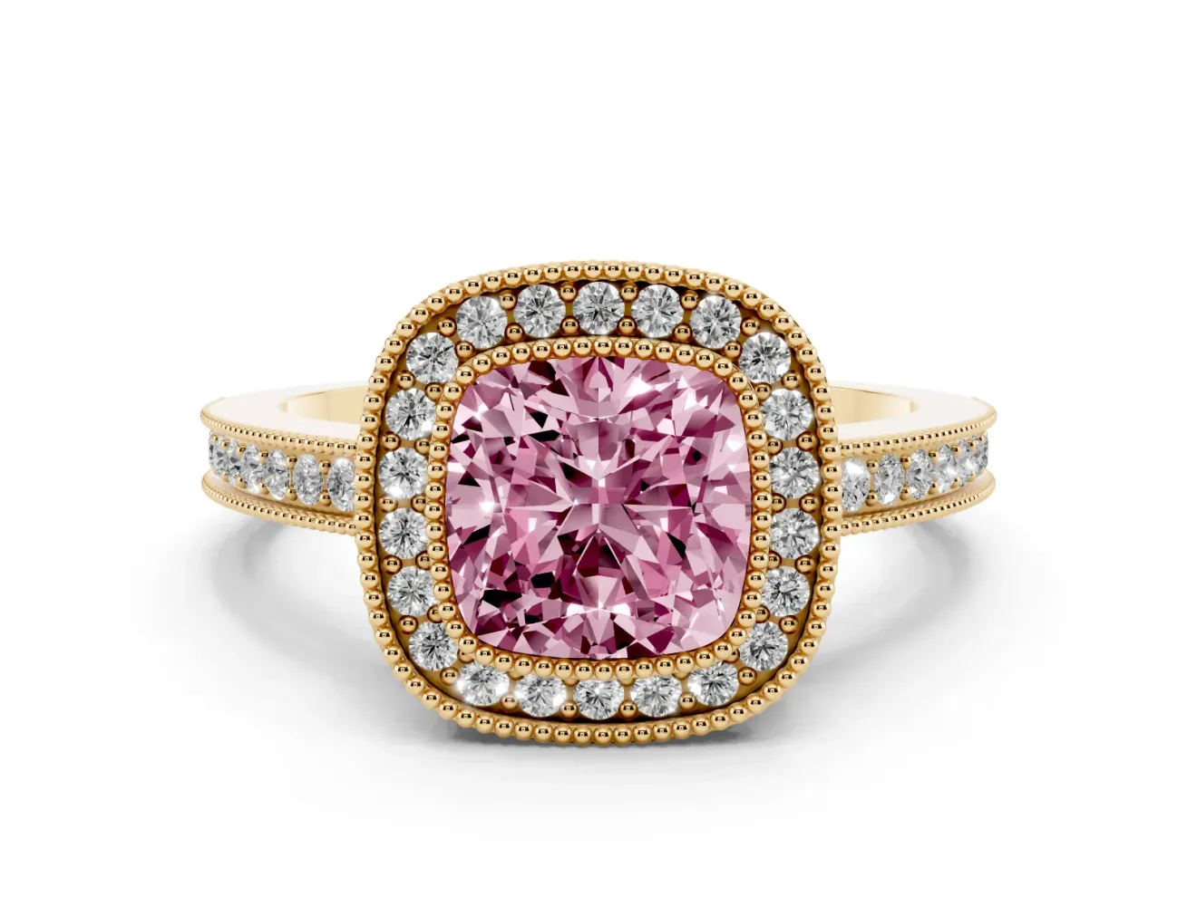 Cushion Cut Milgrain Halo Engagement Ring Setting for a Fancy Pink Lab-Grown Diamond | Yellow Gold