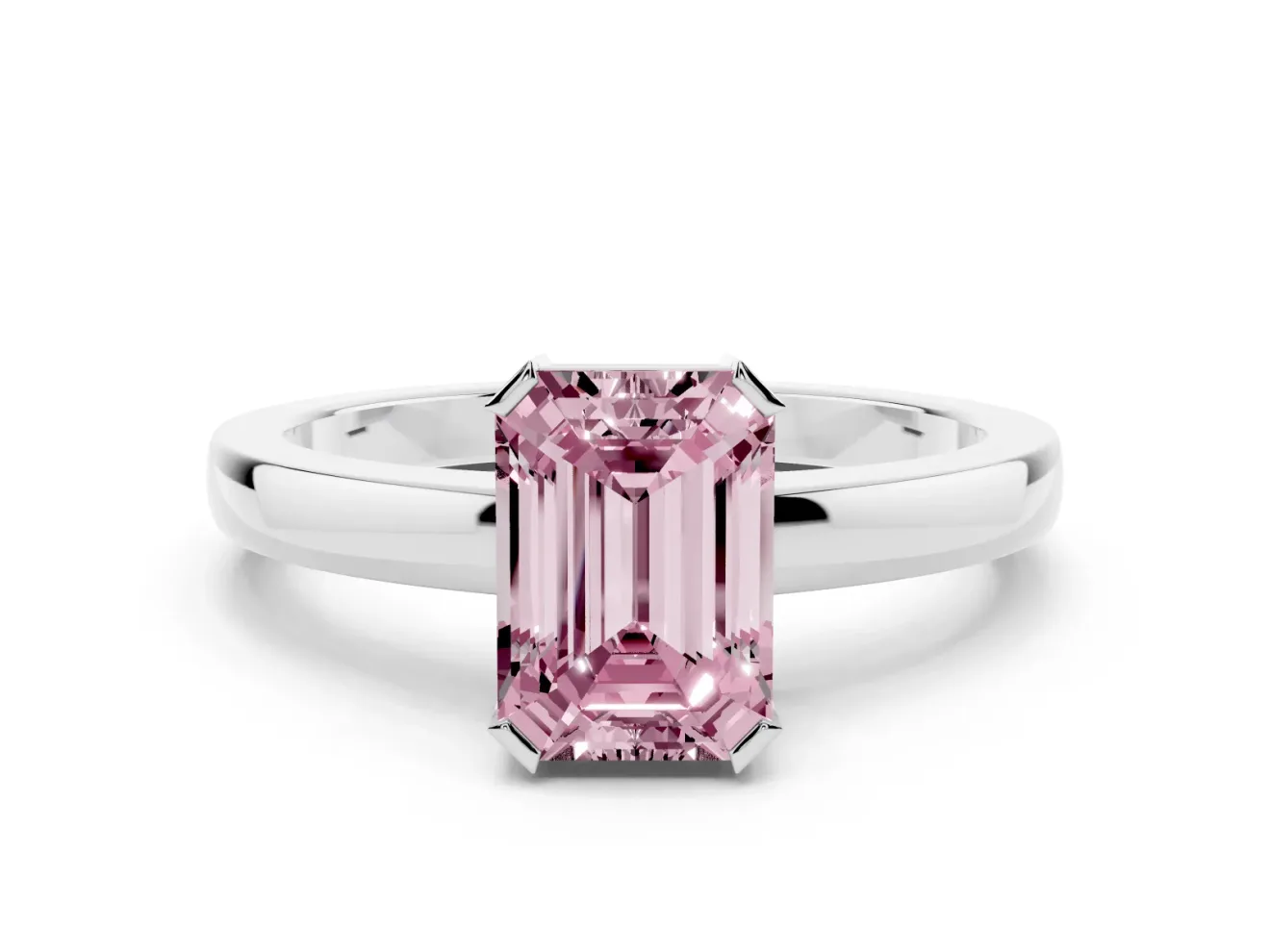 Fancy Pink Emerald Cut Diamond Solitaire Ring Set in Platinum with Prong Head and Smooth Polished Band