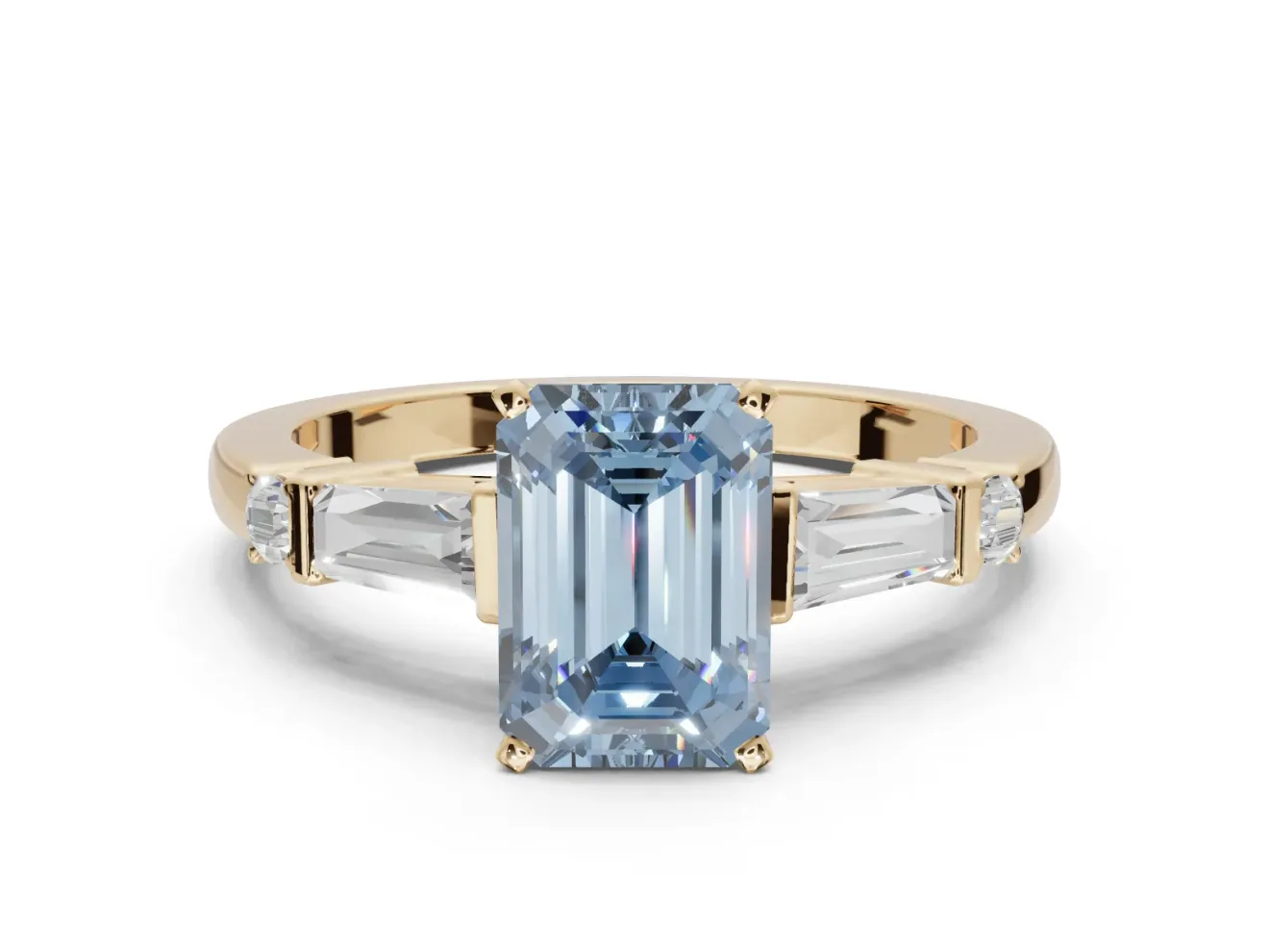 Emerald Cut Tapered Baguette Engagement Ring Setting for a Fancy Blue Lab-Grown Diamond | Bar Set Sides | Yellow Gold