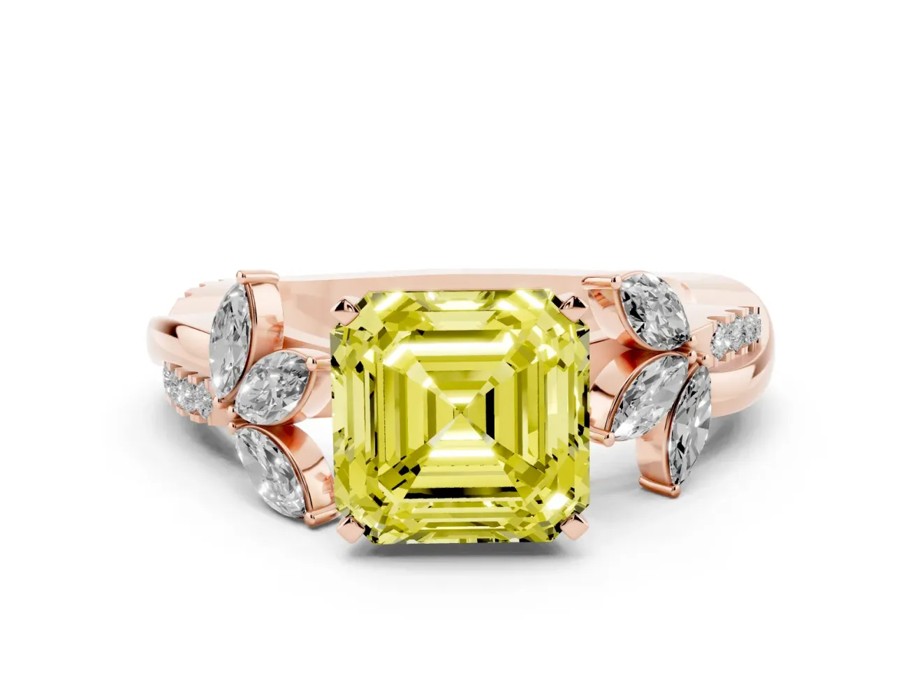 Fancy Yellow Asscher Cut Diamond Floral Vine Solitaire Engagement Ring Set in Rose gold with Marquise Leaves