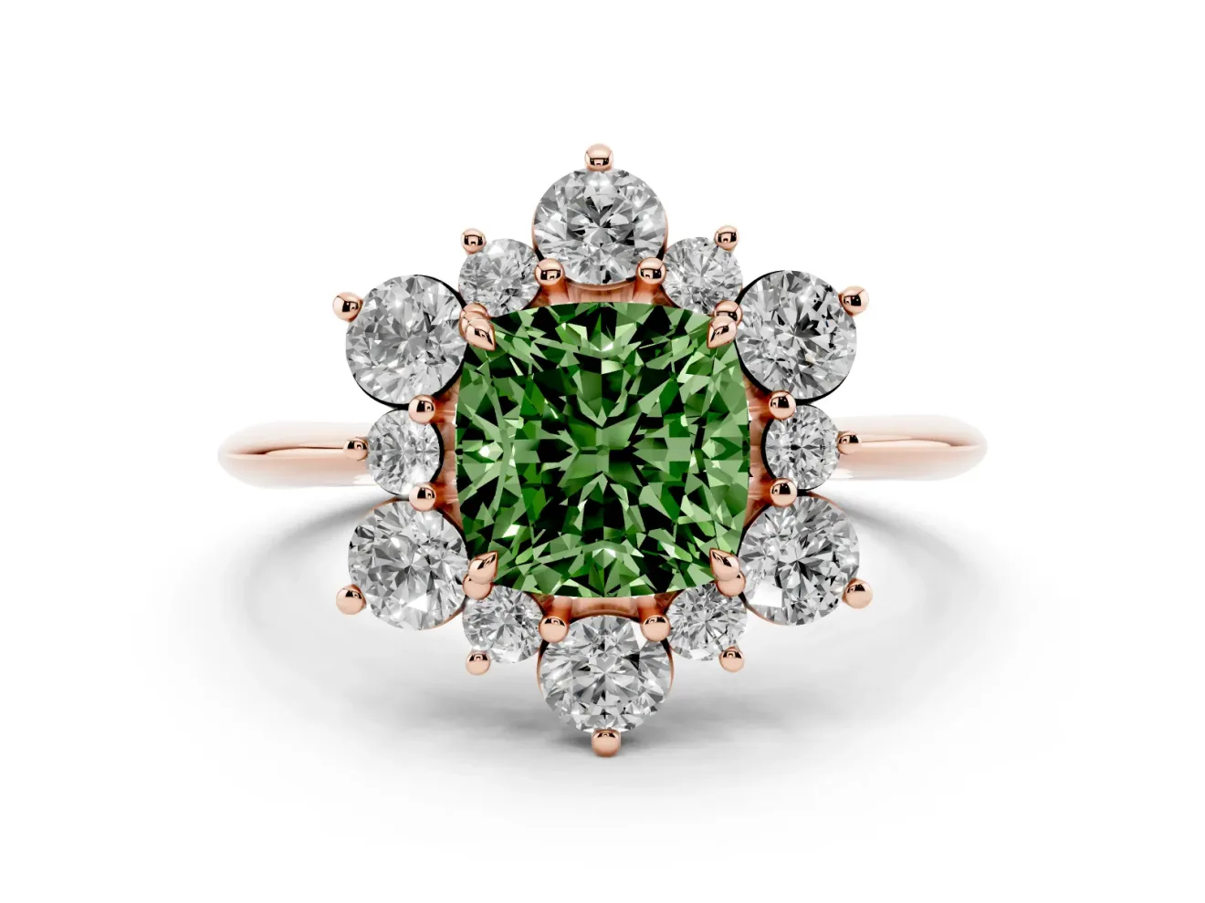Cushion Cut Cluster Halo Engagement Ring Setting for a Fancy Green Lab-Grown Diamond | Rose Gold