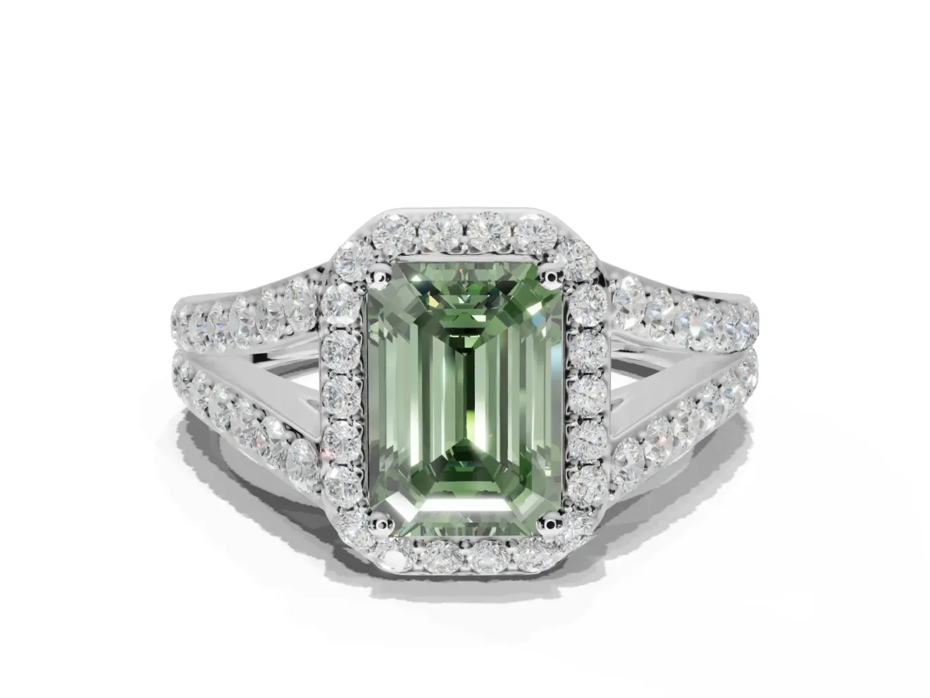Emerald Cut Halo Pavé Engagement Ring Setting for a Fancy Green Lab-Grown Diamond | Narrow Split Shank | Sterling Silver