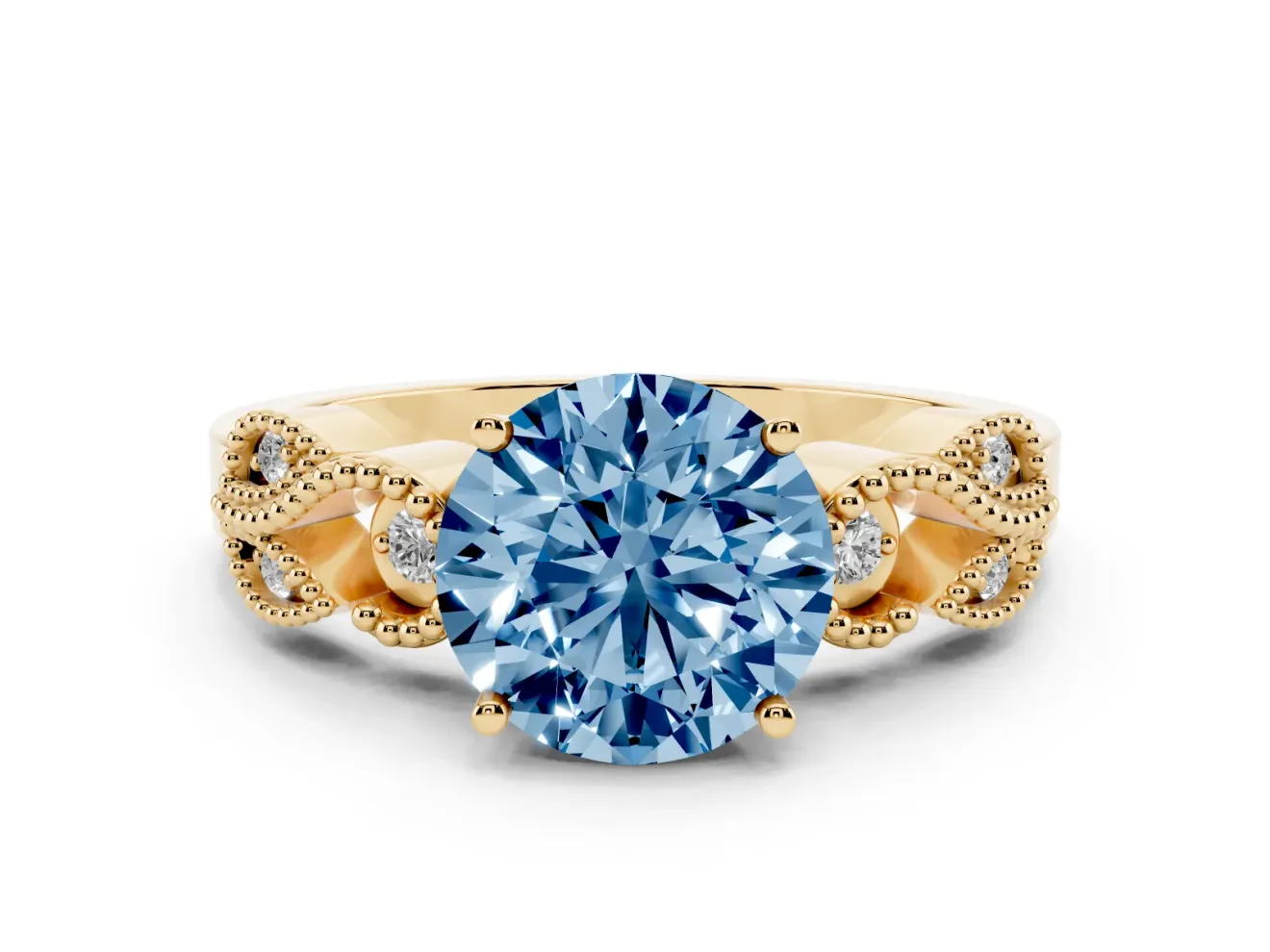 Fancy Blue Round Cut Diamond Milgrain Leaf Band Solitaire Ring Set in Yellow gold with Accent Stones and Prong Setting