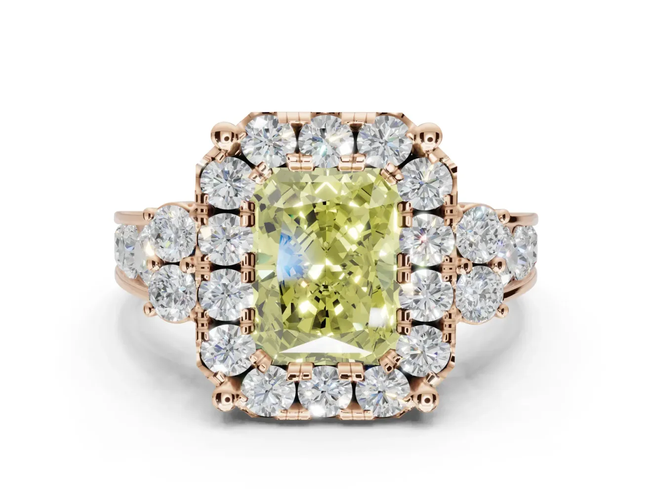 Radiant Cut Halo Engagement Ring Setting for a Fancy Yellow Lab-Grown Diamond | Graduated Channel Band | Rose Gold