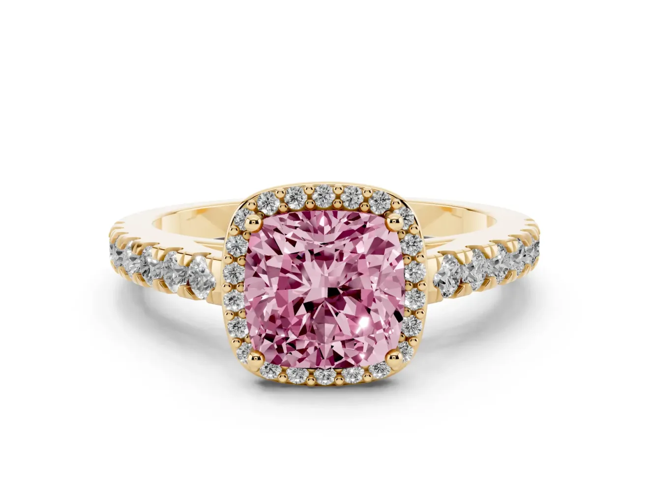 Cushion Cut Halo Pavé Engagement Ring Setting for a Fancy Pink Lab-Grown Diamond | Yellow Gold
