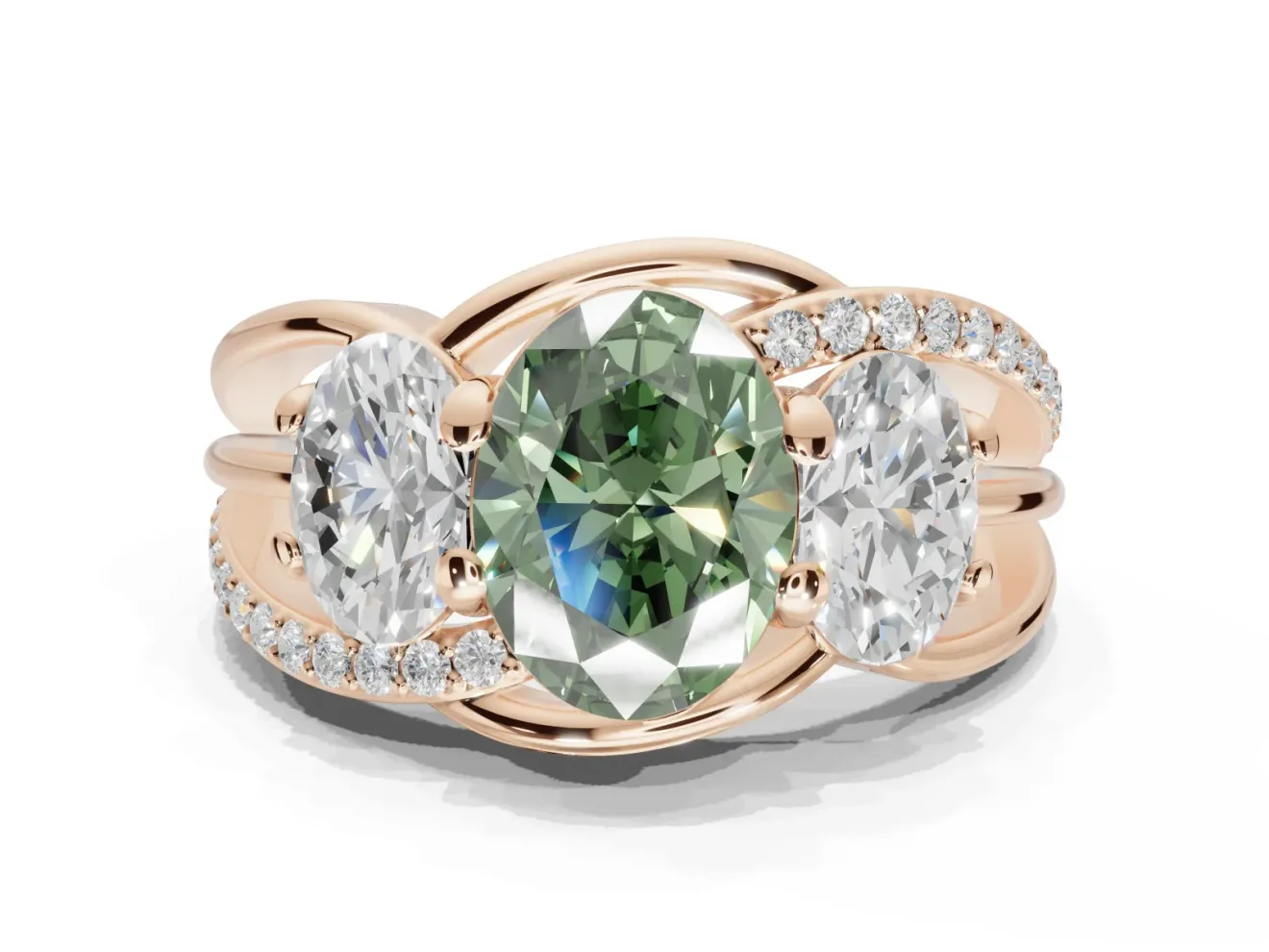 Oval Three Stone Split Shank Engagement Ring Setting for a Fancy Green Lab-Grown Diamond | Matching Sides | Rose Gold