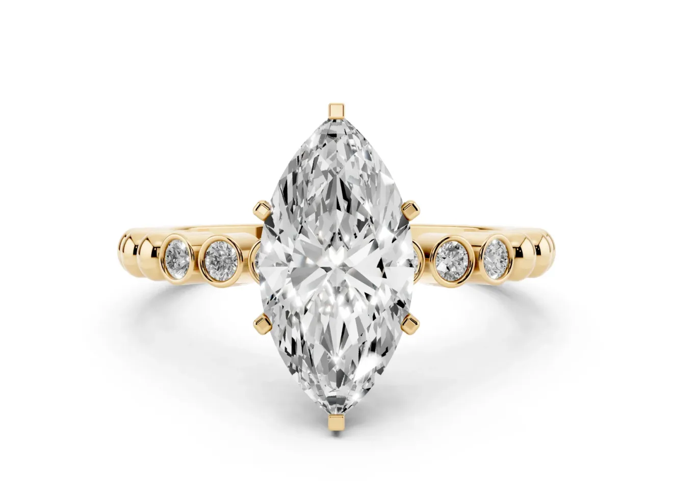 Marquise Cut Diamond Solitaire Engagement Ring Set in Yellow gold with Bezel Accents on Beaded Band