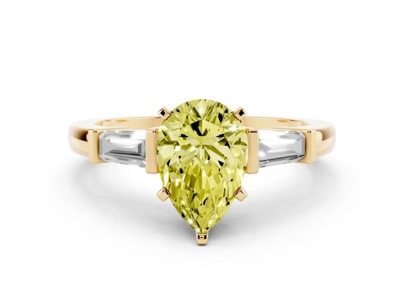 Pear-Shaped Three-Stone Engagement Ring Setting for a Fancy Yellow Lab-Grown Diamond | Tapered Baguettes | Yellow Gold