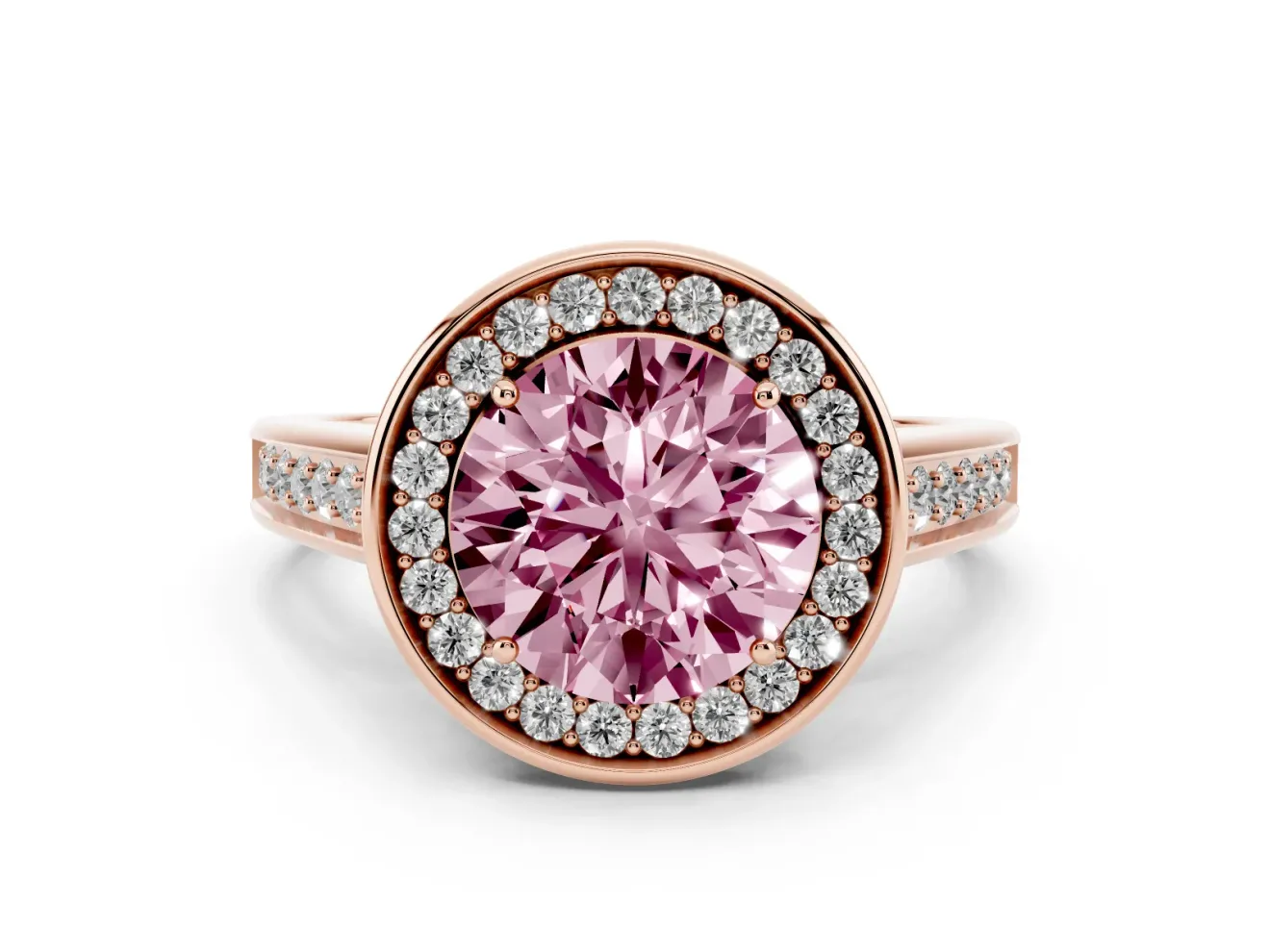 Fancy Pink Round Cut Diamond Halo Solitaire Ring Set in Rose gold with Pavé Band and Bezel Setting
