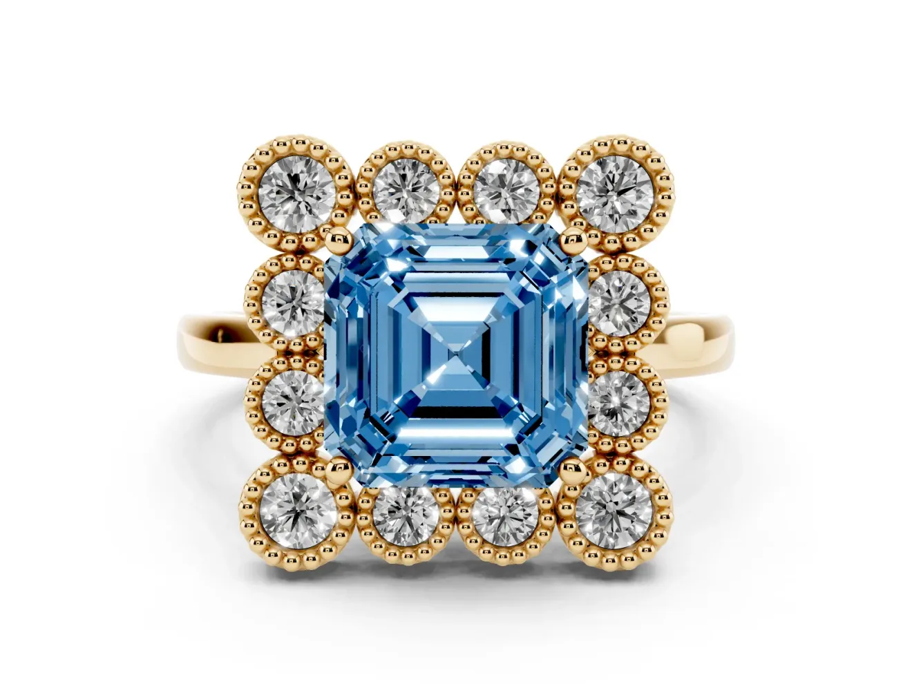 Asscher Cut Milgrain Cluster Halo Engagement Ring Setting for a Fancy Blue Lab-Grown Diamond | Plain Band | Yellow Gold